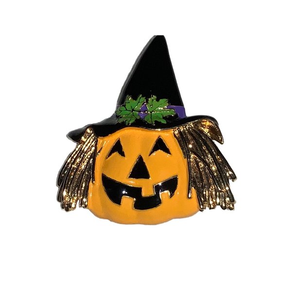 Halloween Pumpkin  Scarecrow Lapel pin Pendant Signed - Picture 2 of 8